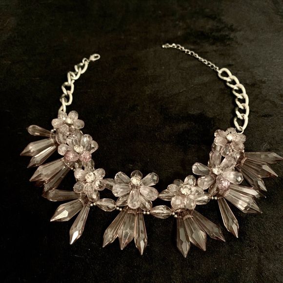 Flower Statement Necklace Smoky Acrylic Rhinestone Gunmetal Bold Floral - Picture 6 of 6